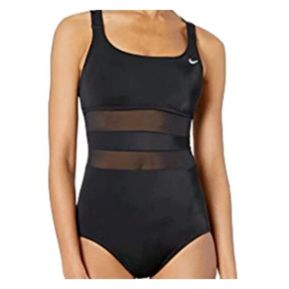 Nike Women's Standard Mesh Solid Edge V-Back One Piece Swimsuit Swimwear  Sz M - Picture 2 of 13